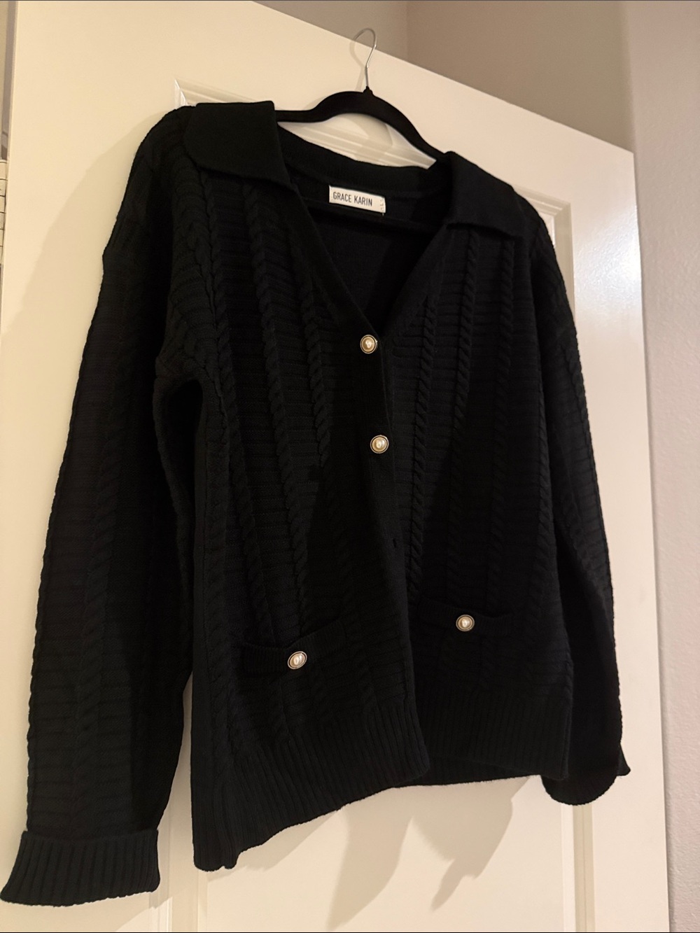 Grace Karin Black Collared Knit Cardigan with Pearl Buttons